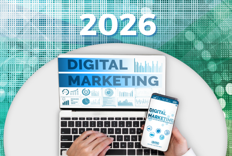 Digital marketing strategy for 2026 showing SEO, social media, and email marketing